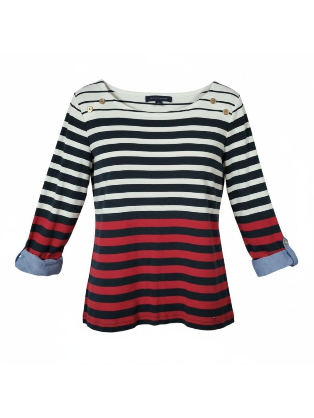 Tommy Hilfiger Women's 3/4 Sleeve Boat-neck Striped Red & Navy Shirt Large